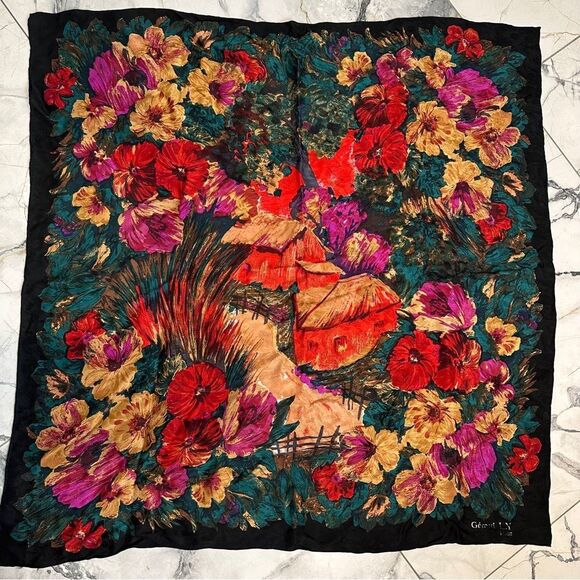 VTG Gerard L.Y Paris Women’s Scarf Shawl Black Floral Scenic Square hand rolled - Picture 2 of 6